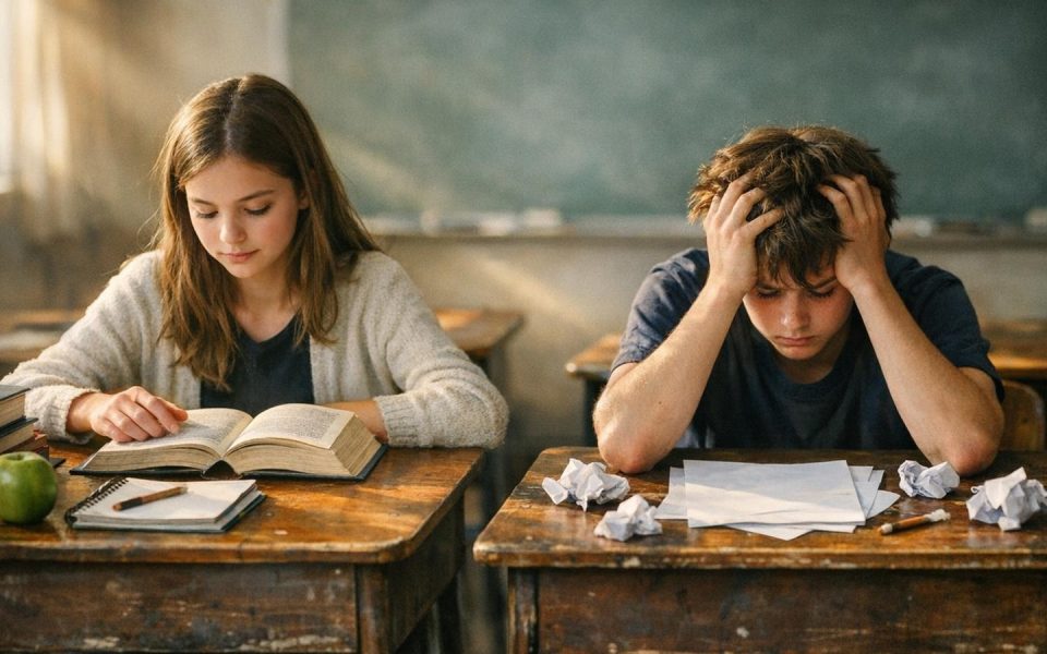 Mädchen liest konzentriert, Junge verzweifelt an Hausaufgaben – Bildungsschere im Klassenzimmer