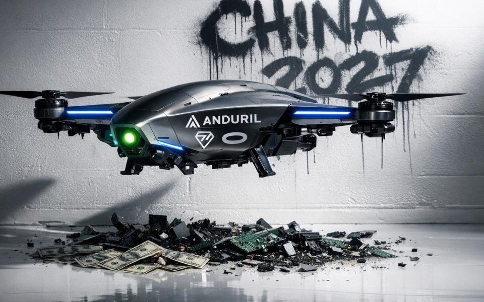 Autonome Kampfdrohne über Geldscheinen und Elektroschrott im weißen Studio mit China-2027-Graffiti