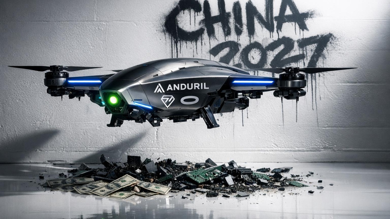 Autonome Kampfdrohne über Geldscheinen und Elektroschrott im weißen Studio mit China-2027-Graffiti