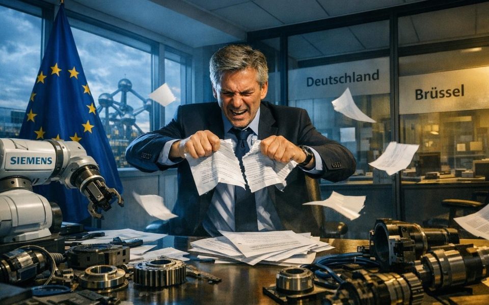 EU-Beamter zerreißt Regulierungsdokumente in Brüsseler Büro mit Industriemaschinen