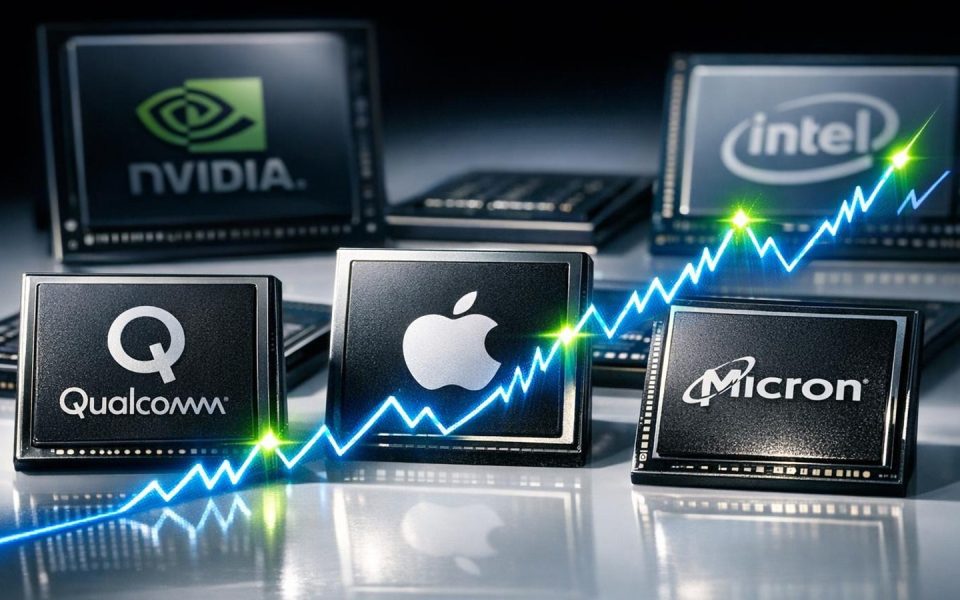 Mikrochips mit aufsteigendem Börsenkurs-Graph, Nvidia und Intel Logos im Hintergrund