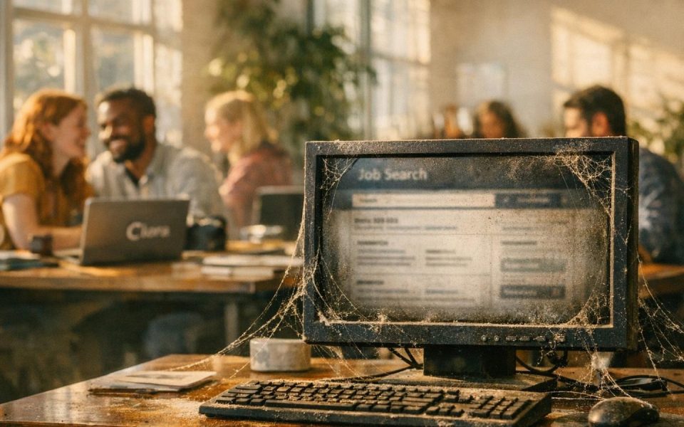 Modernes Büro mit arbeitenden Menschen, im Vordergrund verlassener Monitor mit altem Jobportal