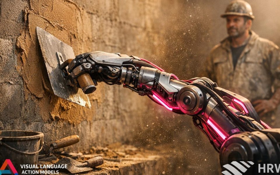 Roboterarm mit Maurerkelle verputzt Wand, menschlicher Maurer steht verdrängt im Hintergrund