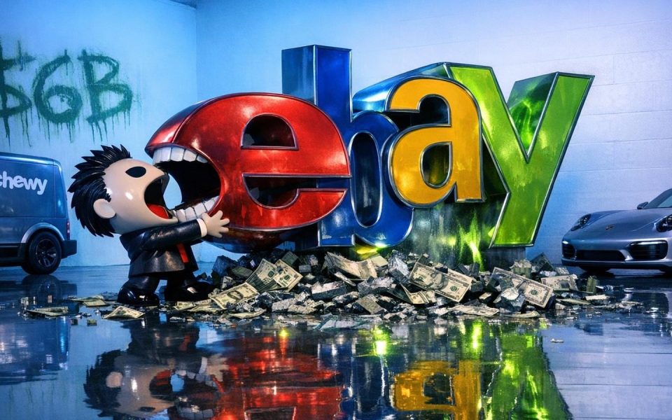 GameStop-Logo verschlingt riesiges eBay-Logo, umgeben von Dollar-Trümmern im Studio