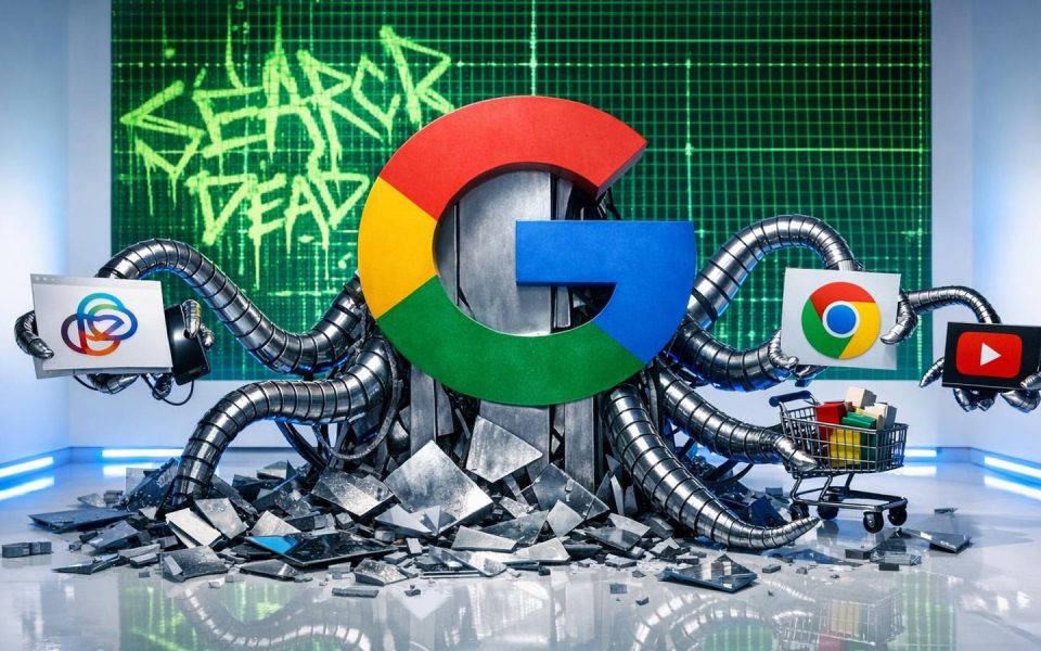 Google-Logo-Skulptur mit KI-Tentakeln greift nach Websites und Shopping-Symbolen, zerbrochene Browser am Boden