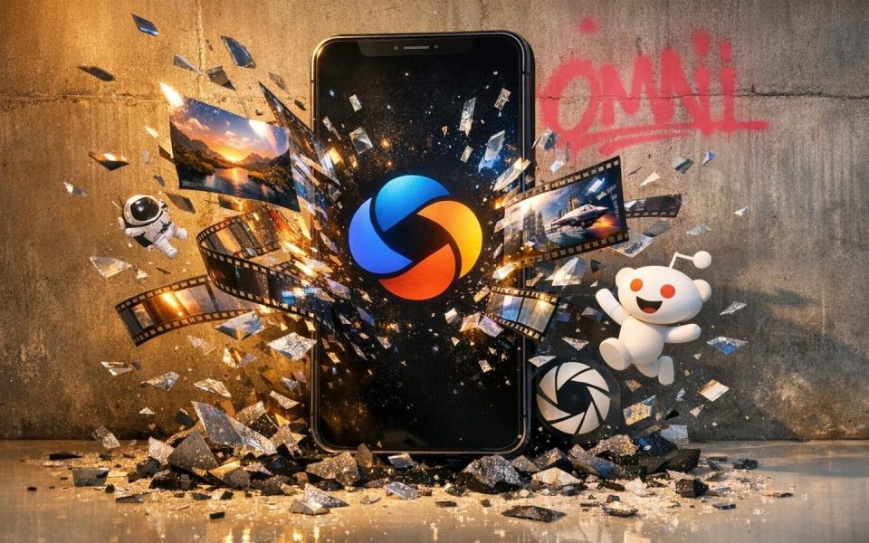 Google Gemini Smartphone-Skulptur mit explodierenden Video-Frames und Omni-Graffiti im Studio