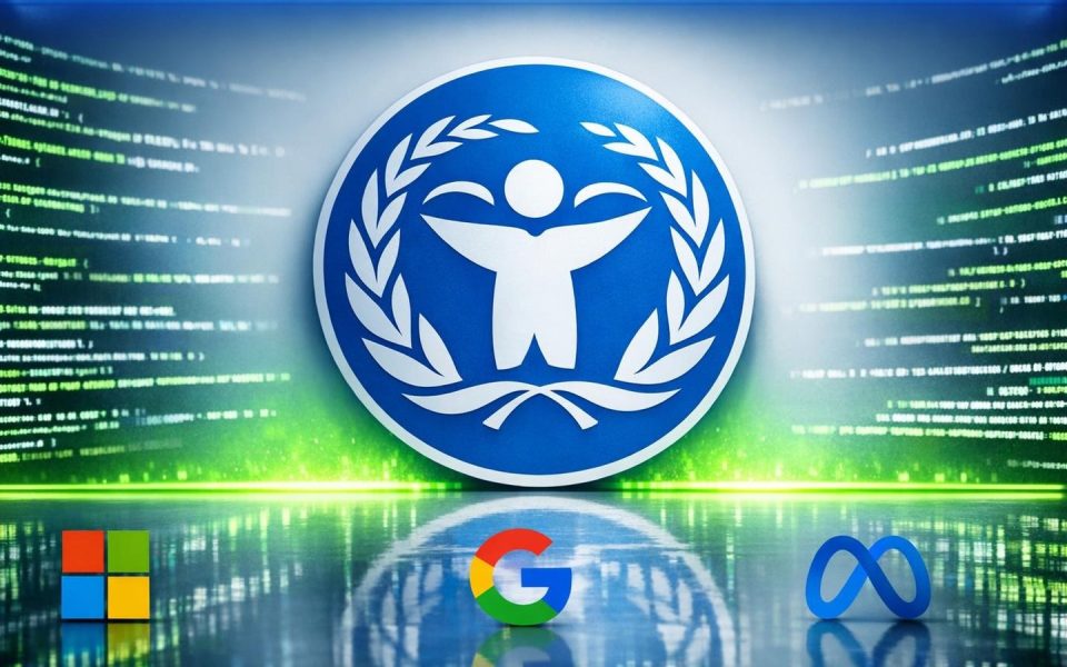 Blauer Engel Umweltsiegel umgeben von leuchtenden Programmier-Codezeilen im Studio