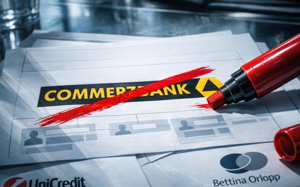 Roter Stift streicht durch Commerzbank-Logo auf Geschäftsdokumenten