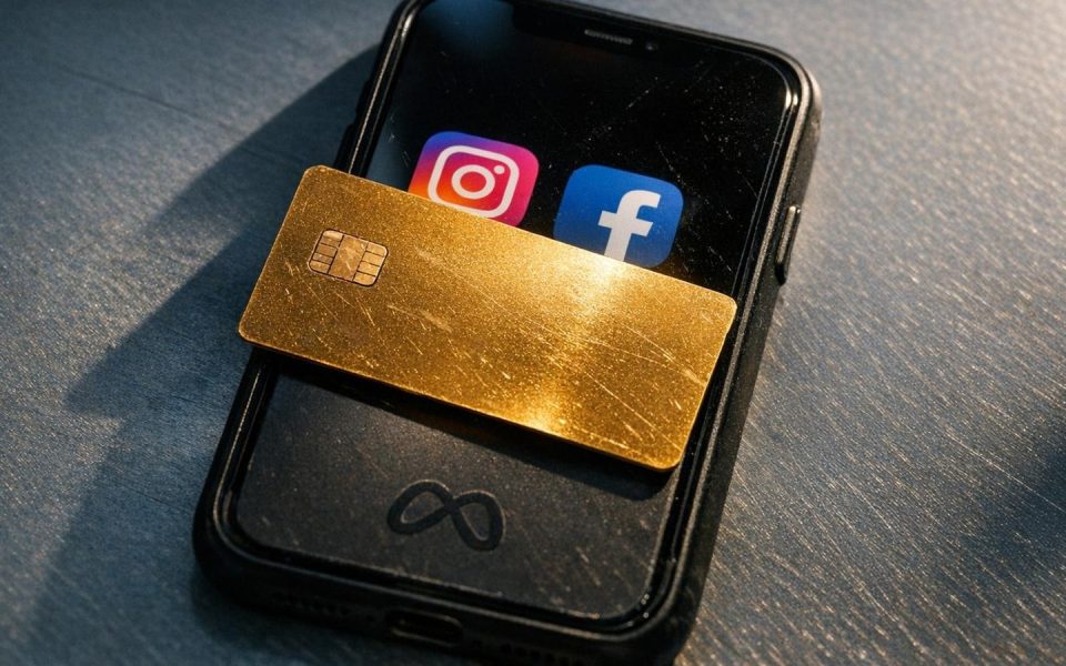 Smartphone mit Instagram und Facebook Apps, goldene Kreditkarte liegt quer über dem Display