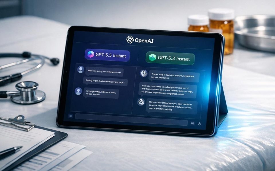 ChatGPT-Interface auf Tablet umgeben von medizinischen Instrumenten wie Stethoskop und Rezeptblock