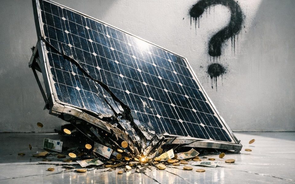 Zusammenbrechendes Solarpanel mit wegfliegenden Geldscheinen symbolisiert Stromueberschuss-Paradox