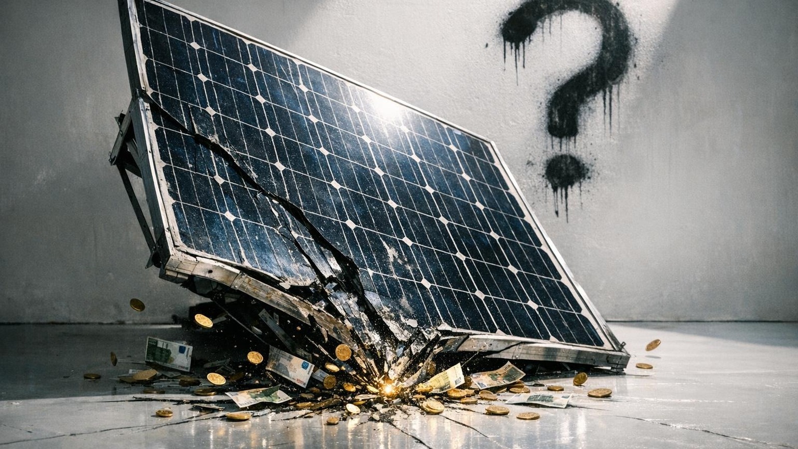 Zusammenbrechendes Solarpanel mit wegfliegenden Geldscheinen symbolisiert Stromueberschuss-Paradox