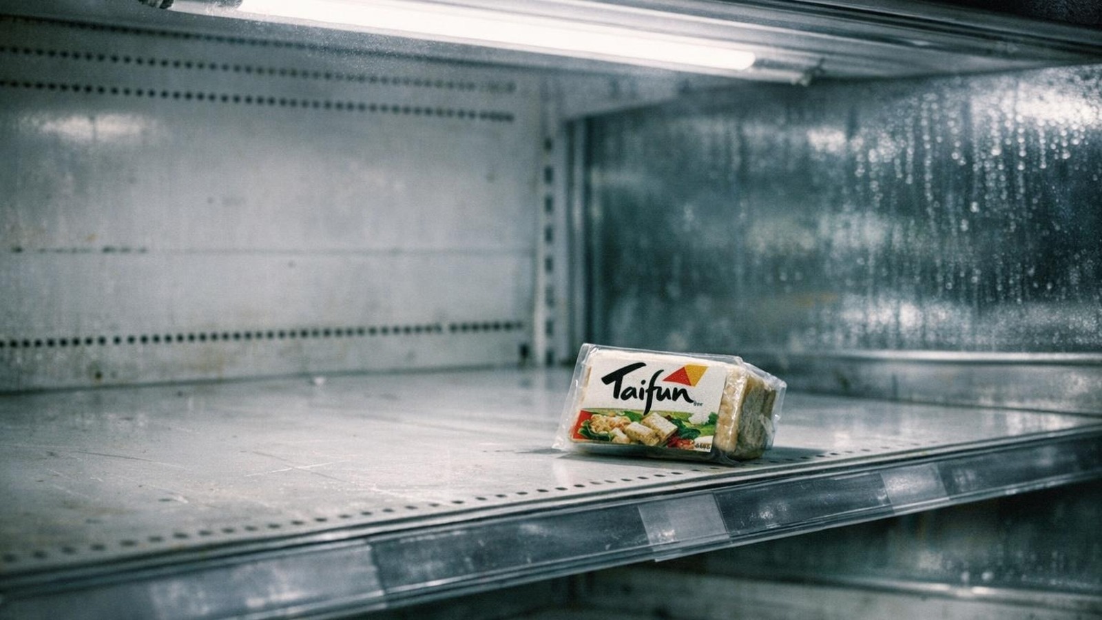 Leeres Kühlregal im Supermarkt mit einzelner umgefallener Taifun-Tofu-Packung