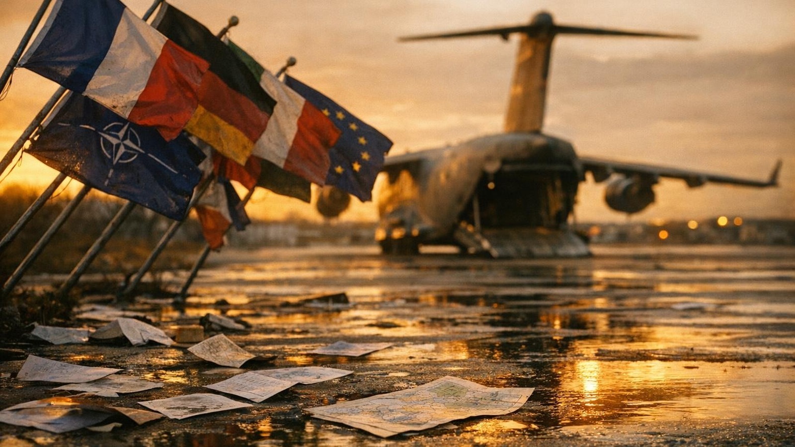Verlassener Militärflugplatz mit US-Transportflugzeug und wehenden NATO-Flaggen bei Abenddämmerung