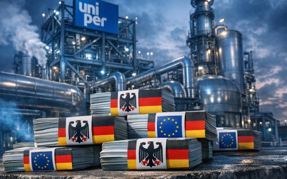 Uniper Gasanlage mit Logo, Euro-Geldstapel im Vordergrund symbolisieren Staatsrettung und Reprivatisierung