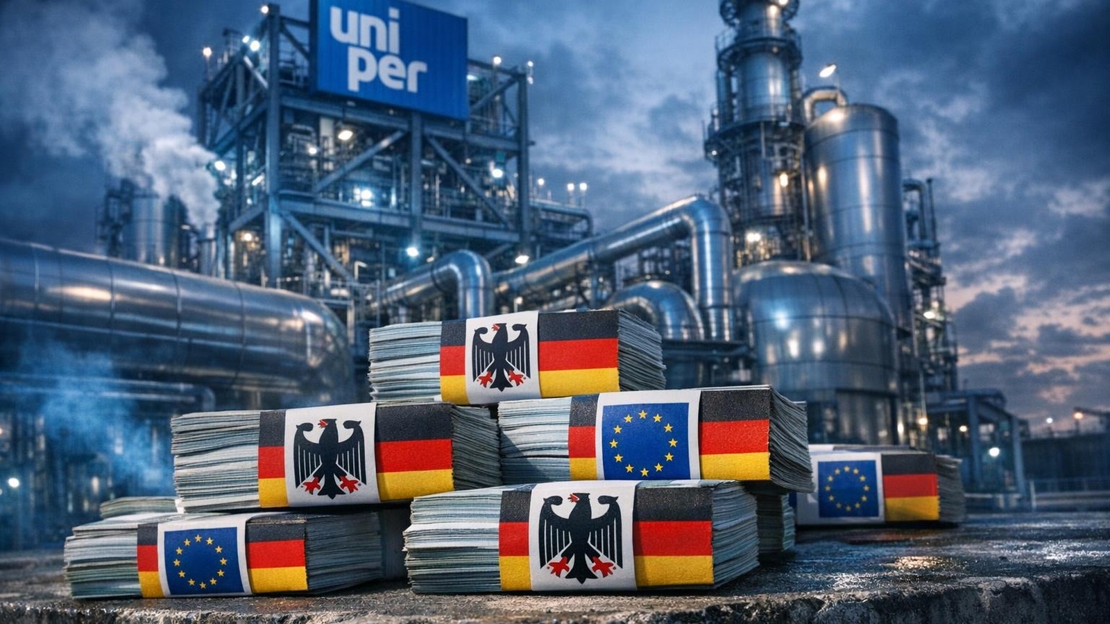 Uniper Gasanlage mit Logo, Euro-Geldstapel im Vordergrund symbolisieren Staatsrettung und Reprivatisierung