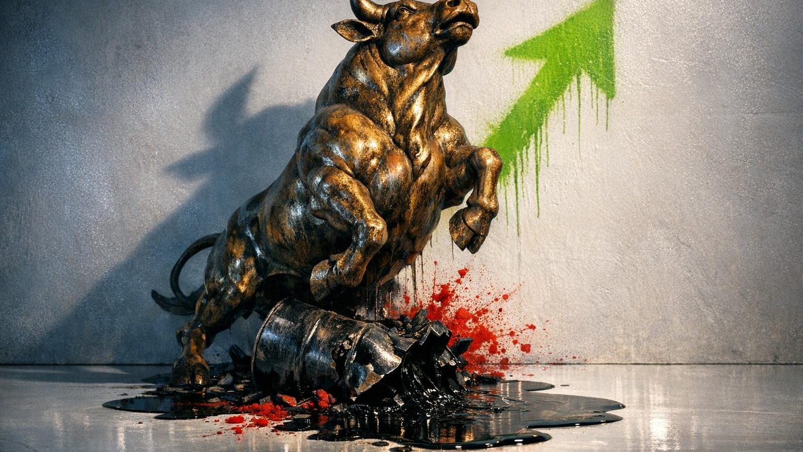 Goldene Bullen-Skulptur steigt auf, während Ölfass am Boden zerschellt – Wall Street vs Ölpreis
