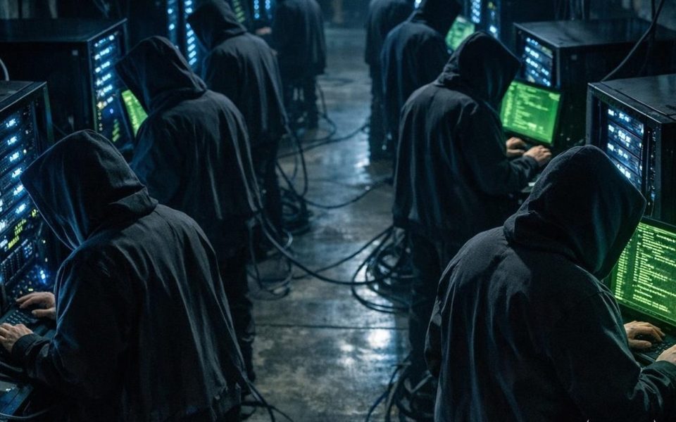 Vermummte Hacker arbeiten an leuchtenden Serverracks in dunklem Rechenzentrum