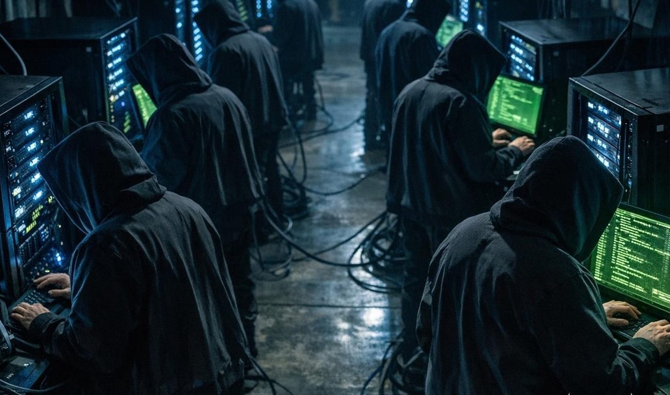 Vermummte Hacker arbeiten an leuchtenden Serverracks in dunklem Rechenzentrum