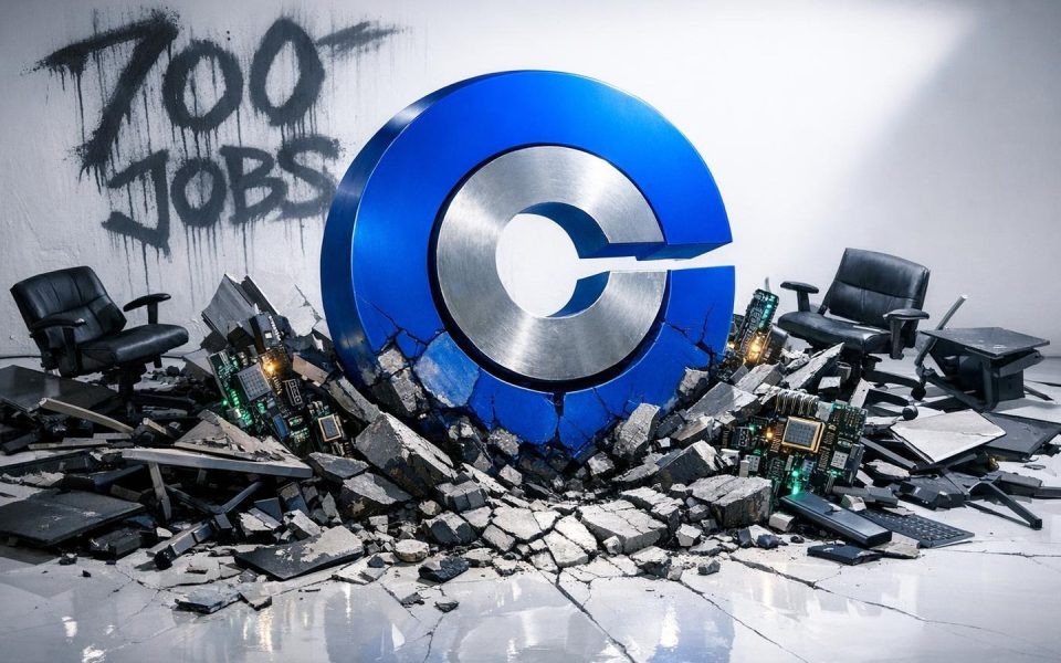 Coinbase-Logo-Skulptur umgeben von zerbrochenen Büromöbeln als Symbol für KI-bedingte Entlassungen