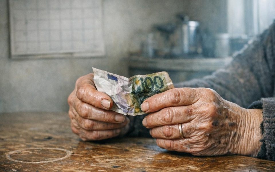 Alte Hände halten zerknitterten 1000-Euro-Schein auf abgenutztem Küchentisch