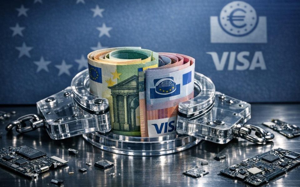 Euro-Banknoten in transparenten Handschellen symbolisieren Kontrolle durch digitalen Euro