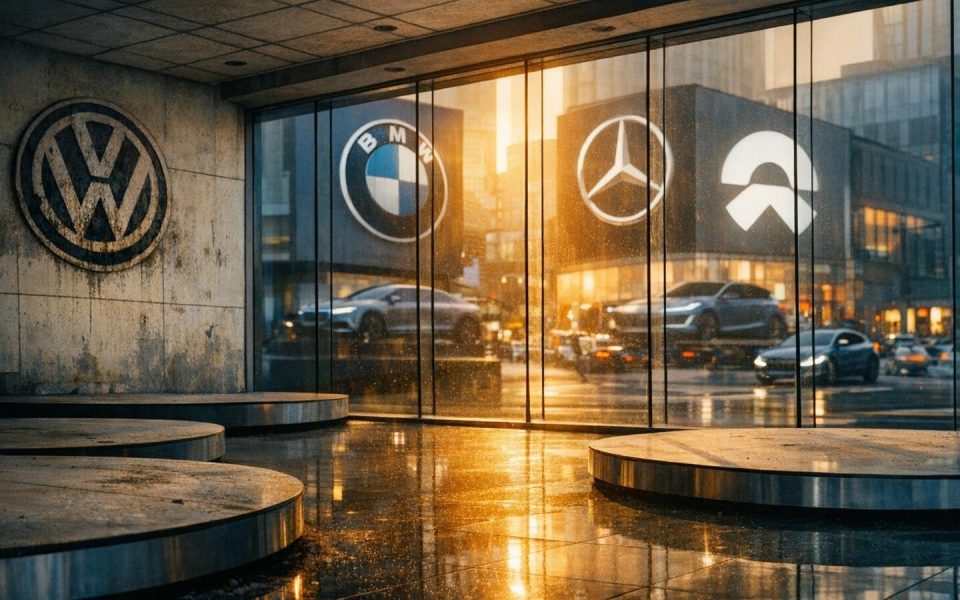 Verlassener VW-Showroom in China mit leeren Ausstellungsflächen und E-Auto-Werbung draußen