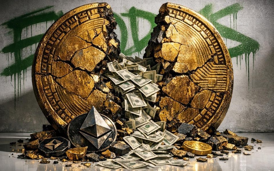 Zerbrochene Bitcoin-Münze mit herausfließenden Dollarscheinen symbolisiert Kapitalflucht aus Krypto