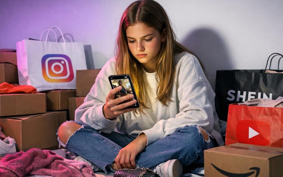 Teenager umgeben von Paketen und Shopping-Apps auf dem Smartphone in inszenierter Fotografie