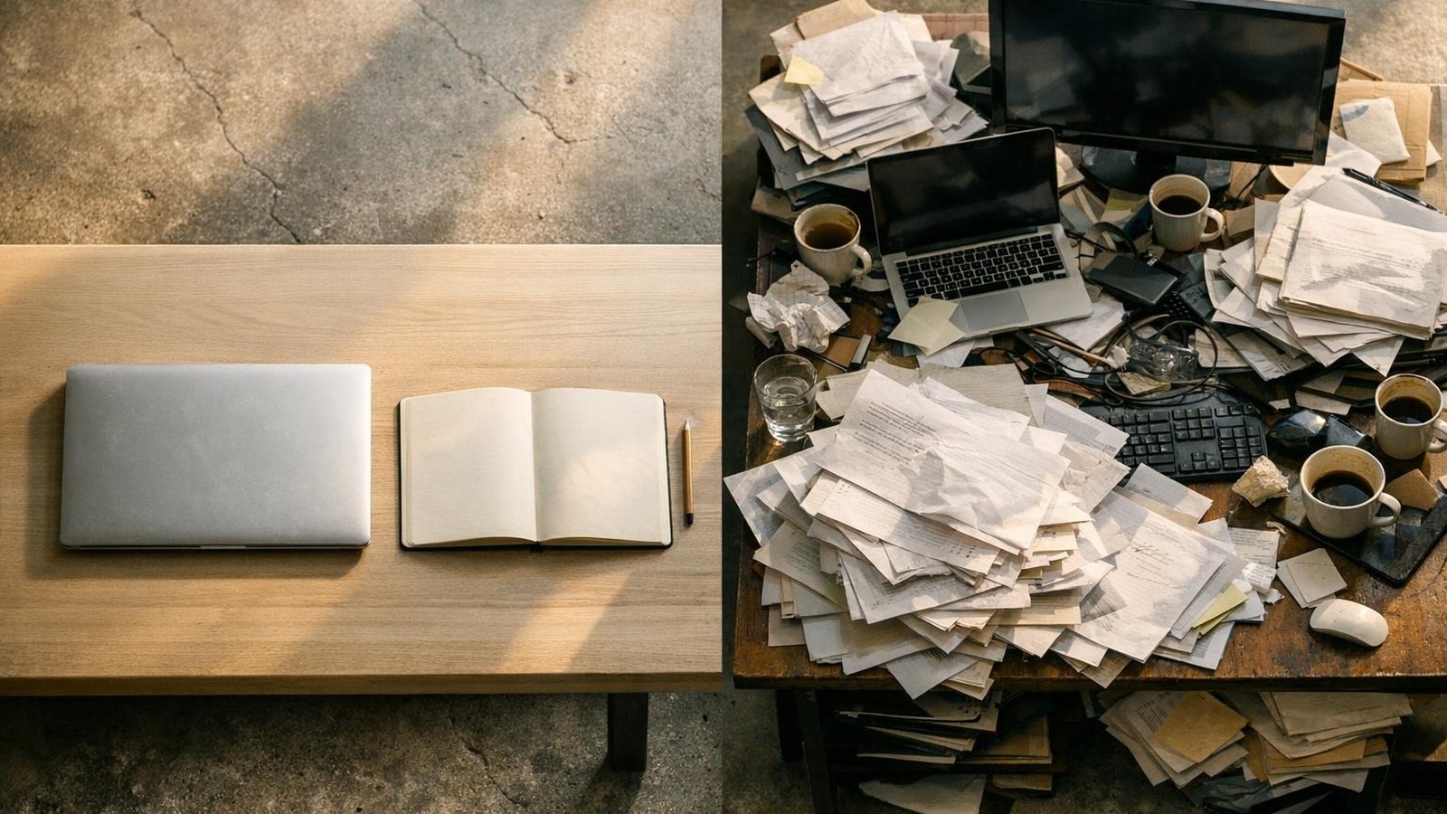 Minimalistischer Schreibtisch neben überladenem Arbeitsplatz — Kontrast zwischen Reduktion und Chaos