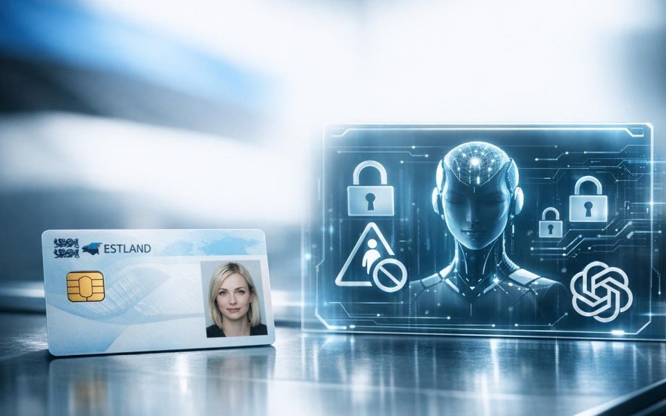 Estnischer Personalausweis neben digitaler KI-Agenten-Schnittstelle mit Zugriffsbeschränkungen