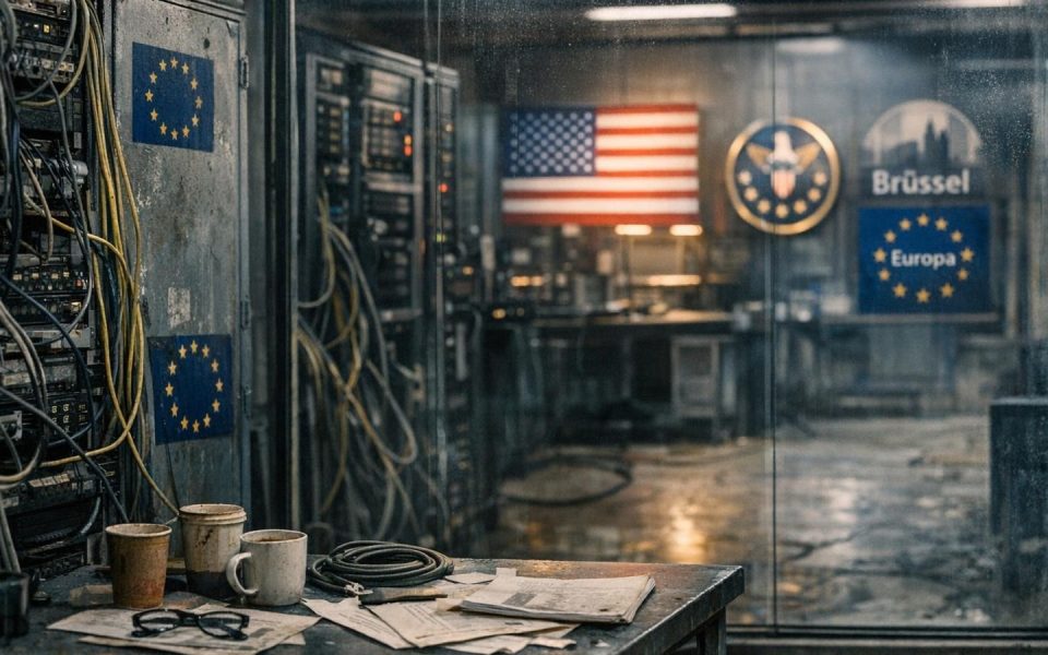 Veralteter europäischer Serverraum mit Glastrennwand zu moderner US-Tech-Installation