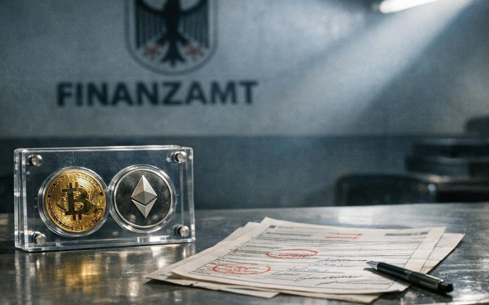 Durchsichtige Wallet mit Krypto-Münzen unter Behörden-Scheinwerfer neben Finanzamt-Formularen