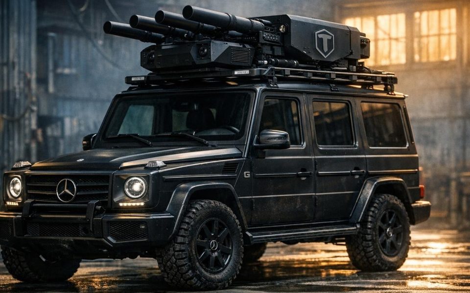 Mercedes G-Klasse mit Drohnenabwehr-System von Tytan auf dem Dach in Industriehalle