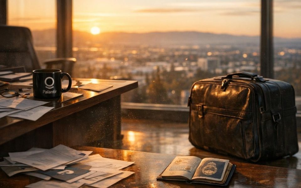 Verlassenes Büro mit gepacktem Koffer und argentinischem Pass, Silicon Valley im Hintergrund