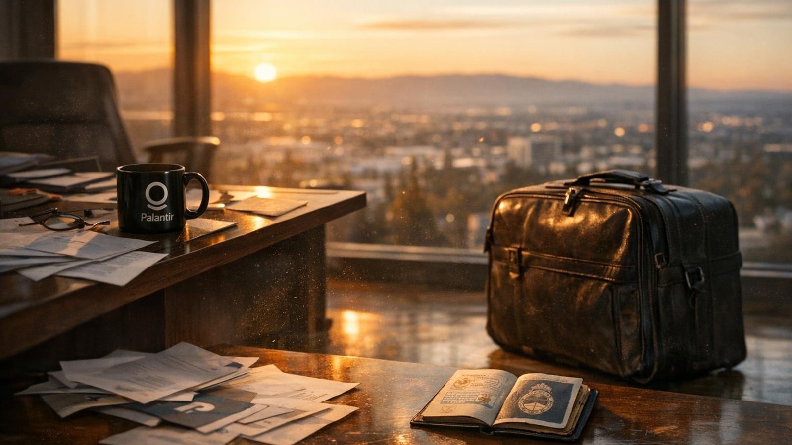 Verlassenes Büro mit gepacktem Koffer und argentinischem Pass, Silicon Valley im Hintergrund