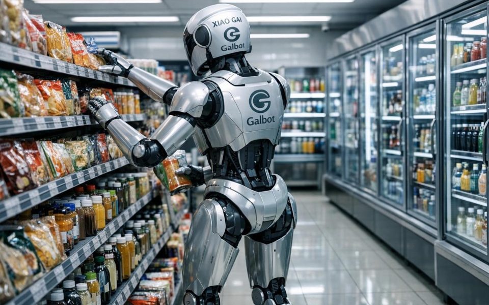 Humanoider Roboter räumt Regale in einem Hongkonger Convenience-Store ein