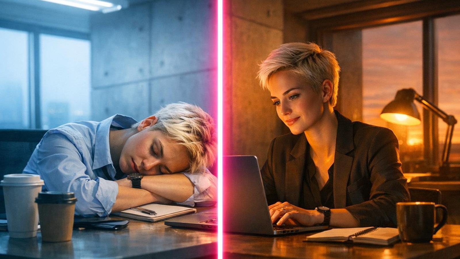 Person erschöpft morgens im Büro vs. energiegeladen bei Nachtarbeit – Chronoworking-Konzept