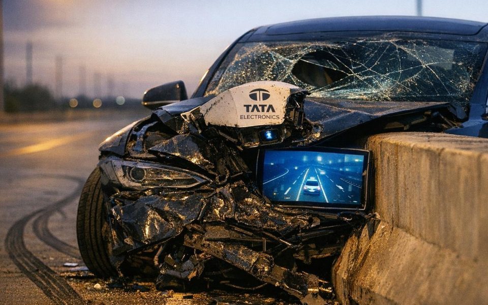 Beschädigter Tesla nach Unfall auf texanischer Autobahn, Autopilot-Kamera sichtbar beschädigt