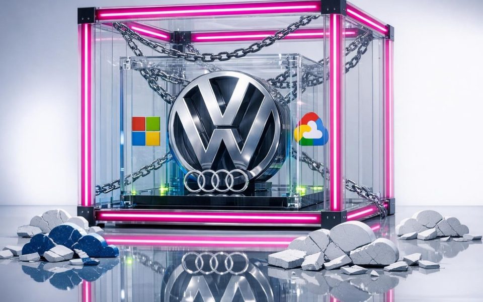 VW-Logo gefangen zwischen Cloud-Anbietern AWS, Azure und T-Systems in verschachtelten Käfigstrukturen