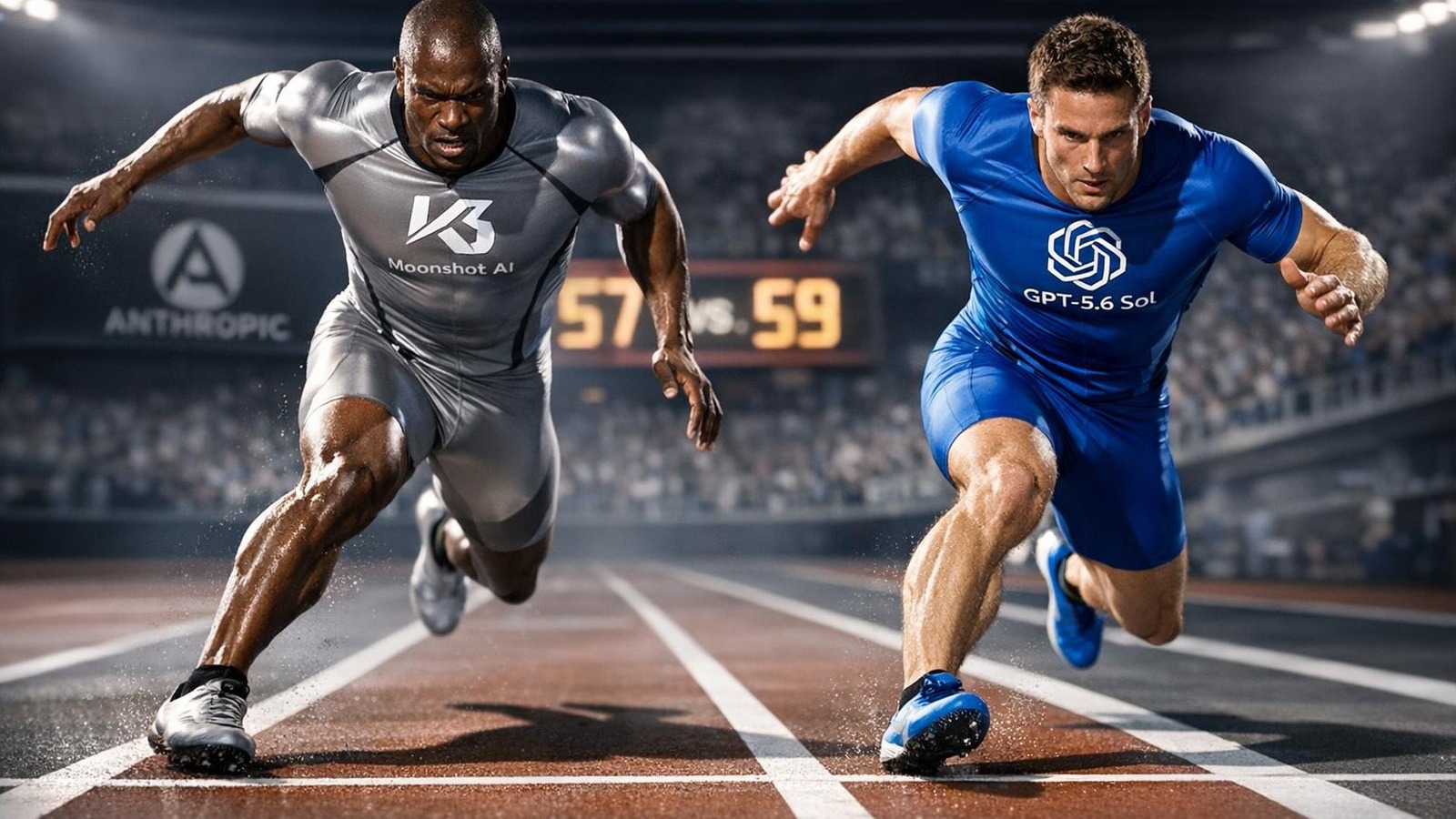 Zwei Sprinter mit Moonshot AI und OpenAI Logos kurz vor Ziellinie, minimaler Abstand