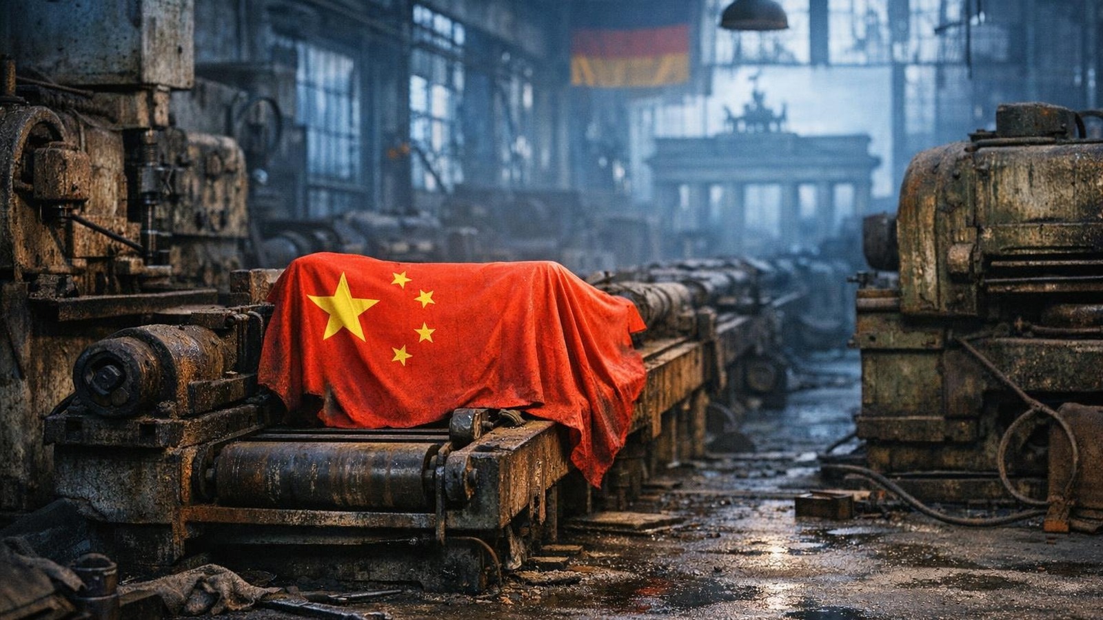 Verlassene deutsche Fabrikhalle mit rostigen Maschinen und chinesischer Flagge über Produktionslinie