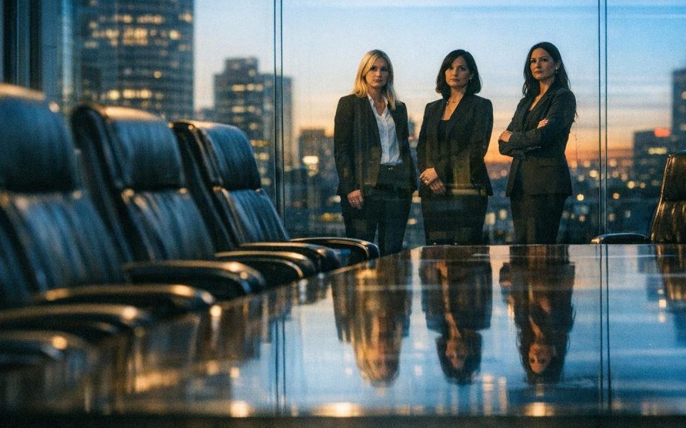Leerer Vorstandsraum mit Geschäftsfrauen vor Glaswand – Symbol für sinkenden Frauenanteil in Führung