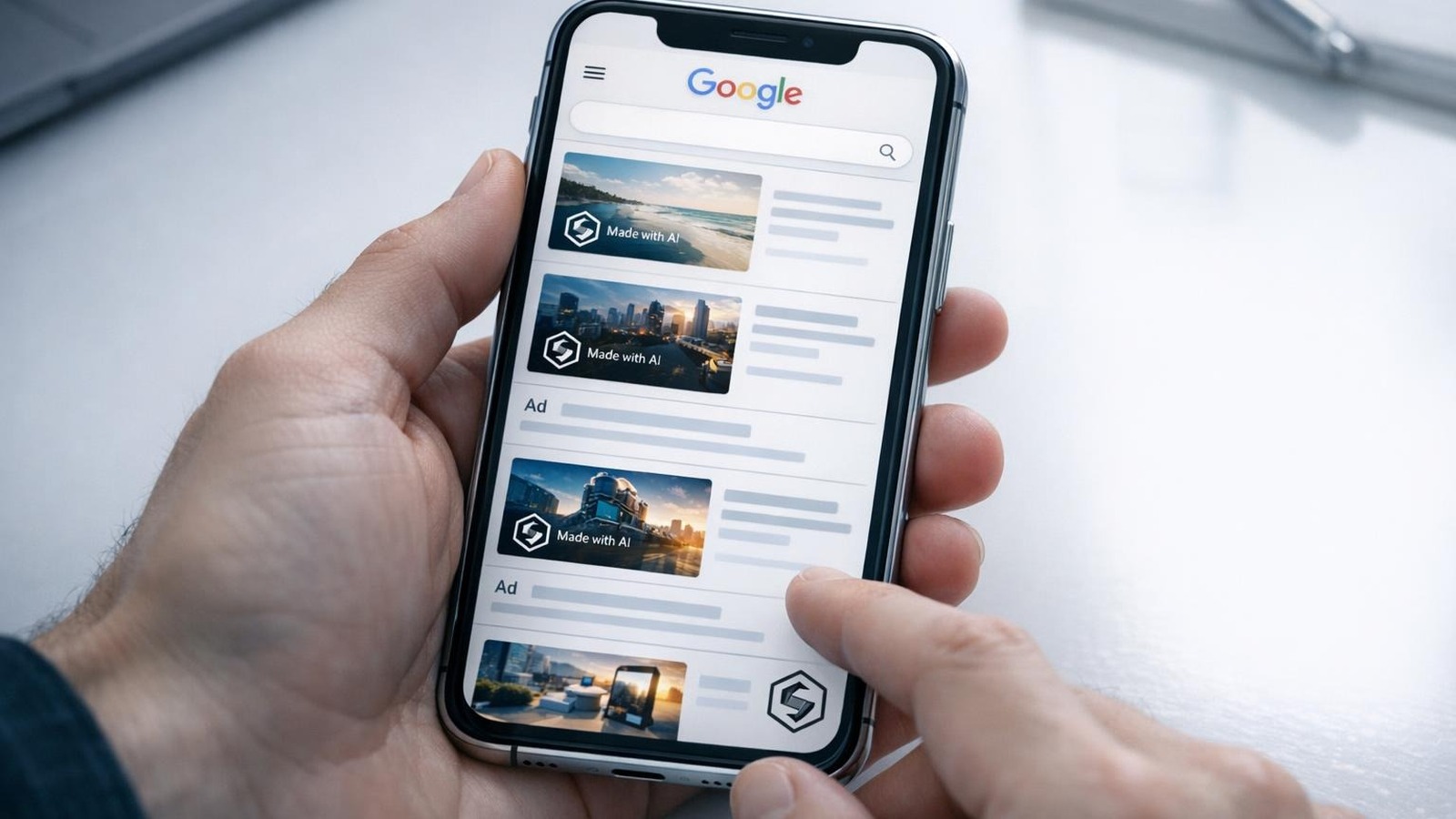Smartphone zeigt Google-Anzeigen mit KI-Kennzeichnung auf weißem Schreibtisch