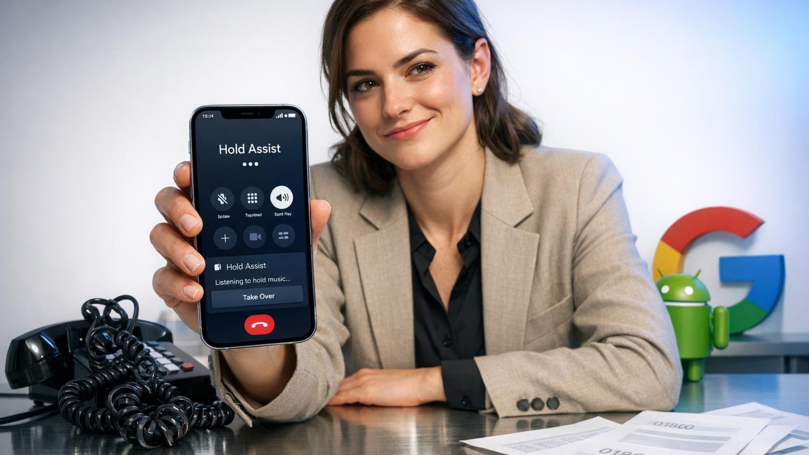 Person mit iPhone nutzt Hold-Assist-Funktion statt in Hotline-Warteschleife zu hängen