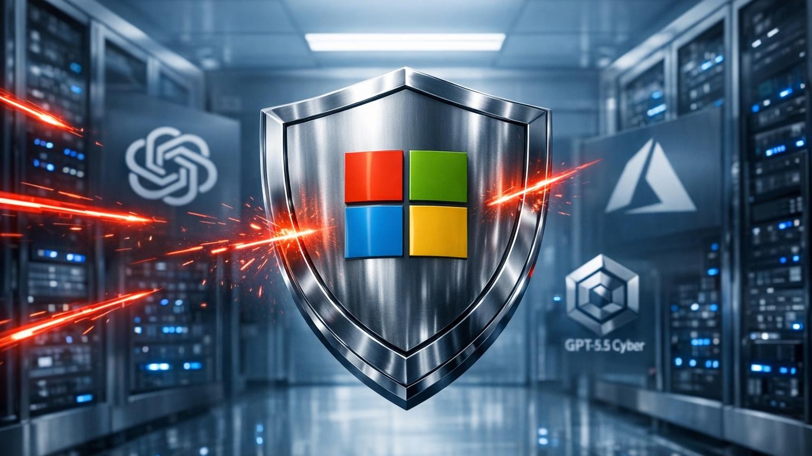 Microsoft-Logo auf Sicherheitsschild wehrt digitale Cyberangriffe ab, OpenAI-Logo im Hintergrund