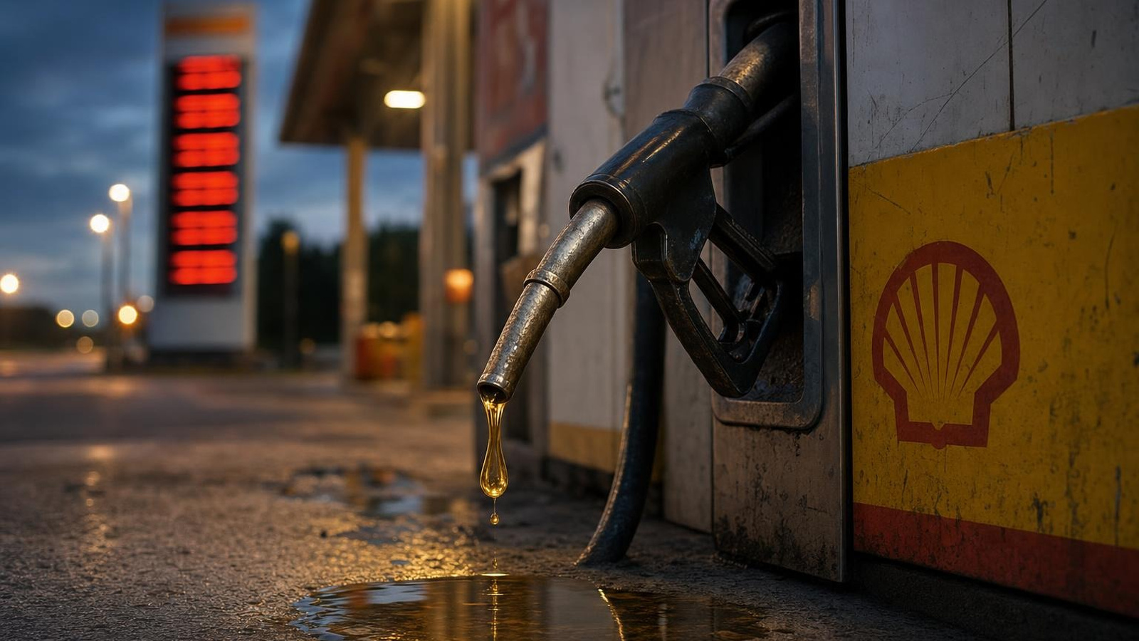 Shell-Zapfsäule tropft goldenes Öl während Spritpreise steigen, Symbolbild für Rekordgewinn