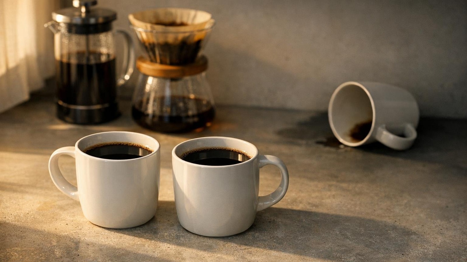 Zwei Kaffeetassen auf Schreibtisch, dritte Tasse umgestoßen – optimale Kaffeemenge visualisiert