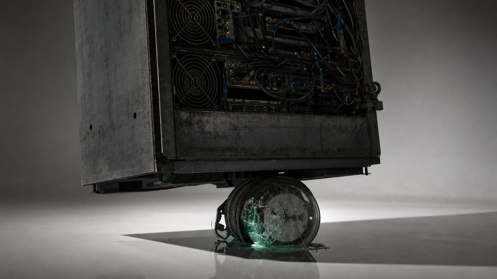 Überdimensionierter Server-Rack zerdrückt einen kleinen Stromzähler mit PJM-Markierung