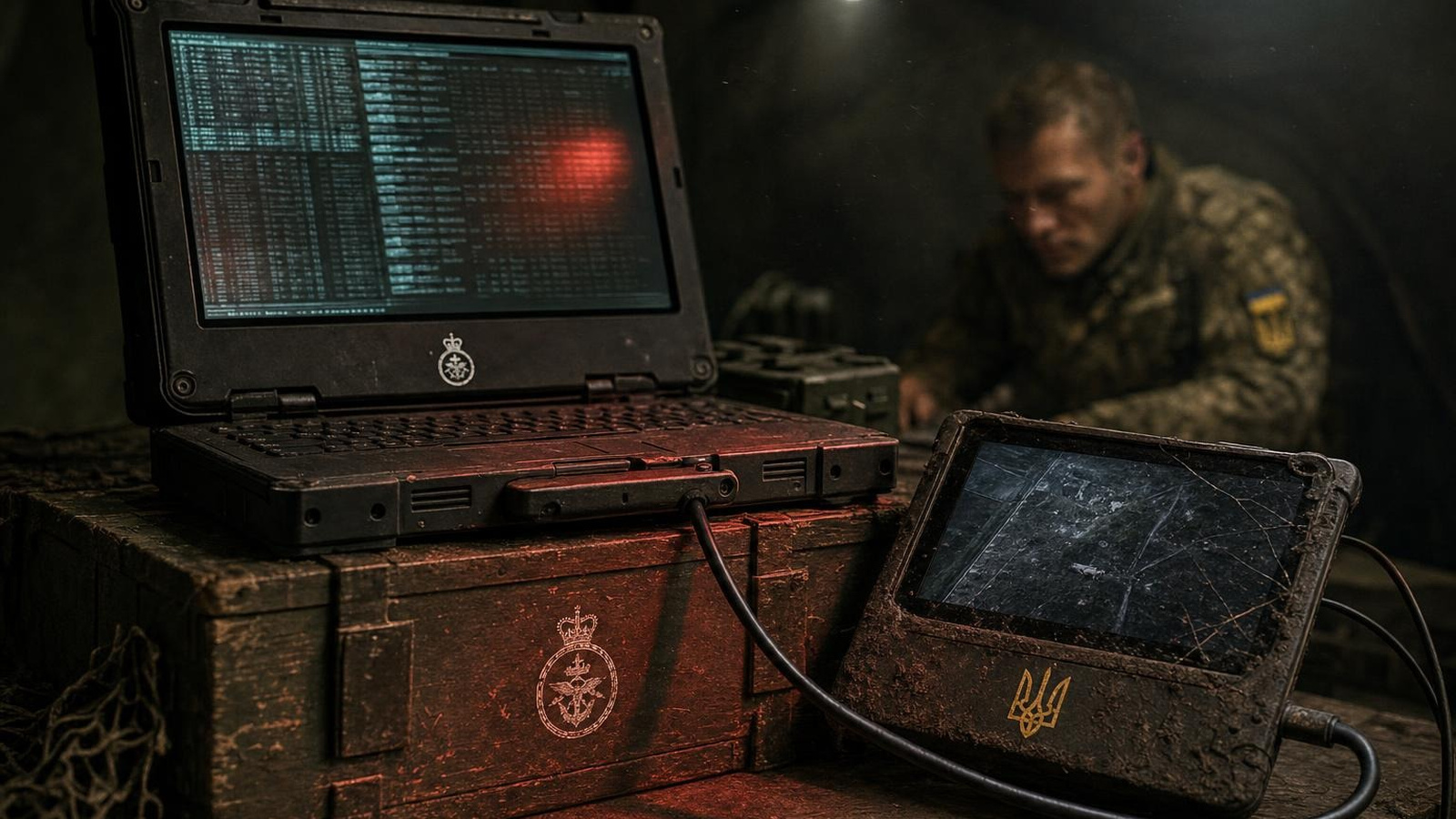 Britisches Militär-Laptop verbunden mit beschädigtem ukrainischem Feldtablet, Symbolbild für Kampfdaten-Deal